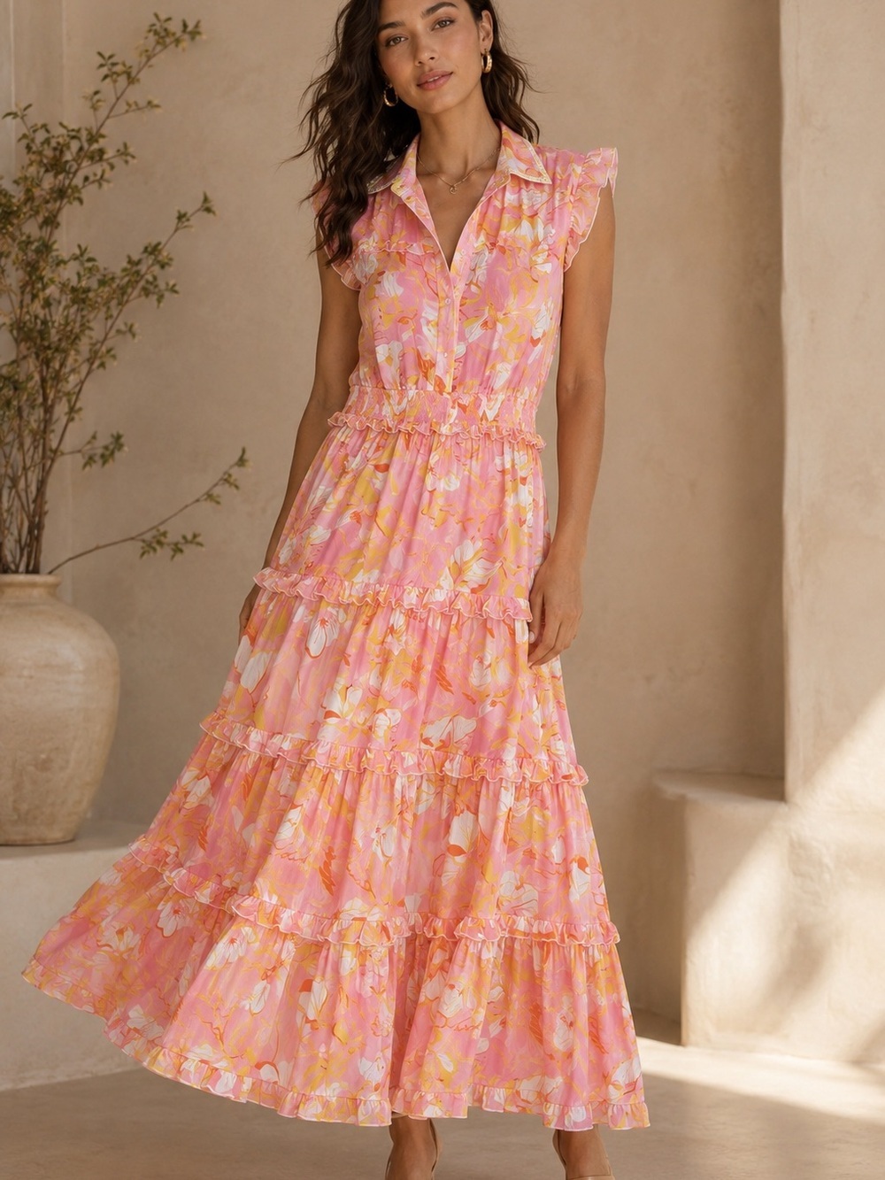 TAJ by Sabrina Crippa Pink and Yellow Floral Tiered Maxi Dress
